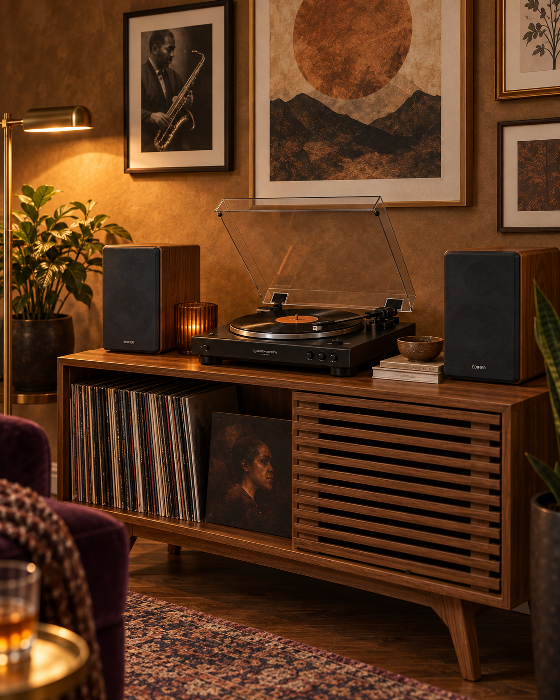 Audio-Technica turntable and two Edifier speakers on walnut record console