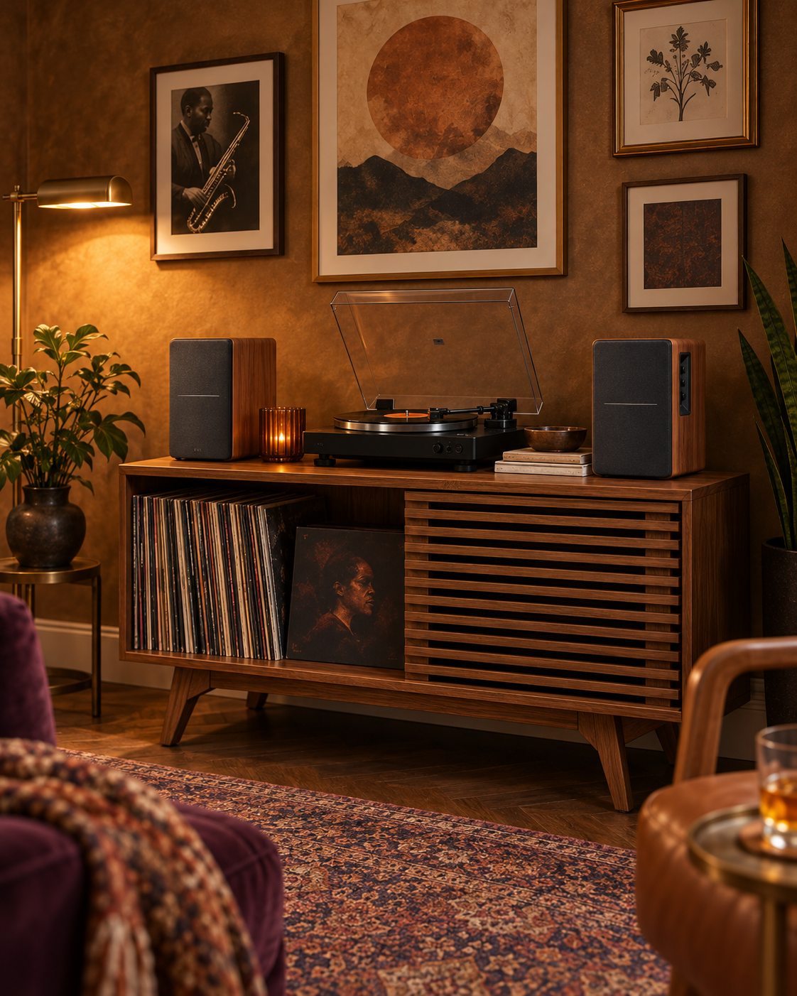 Pair of wood-sided speakers flanking a turntable on a walnut console