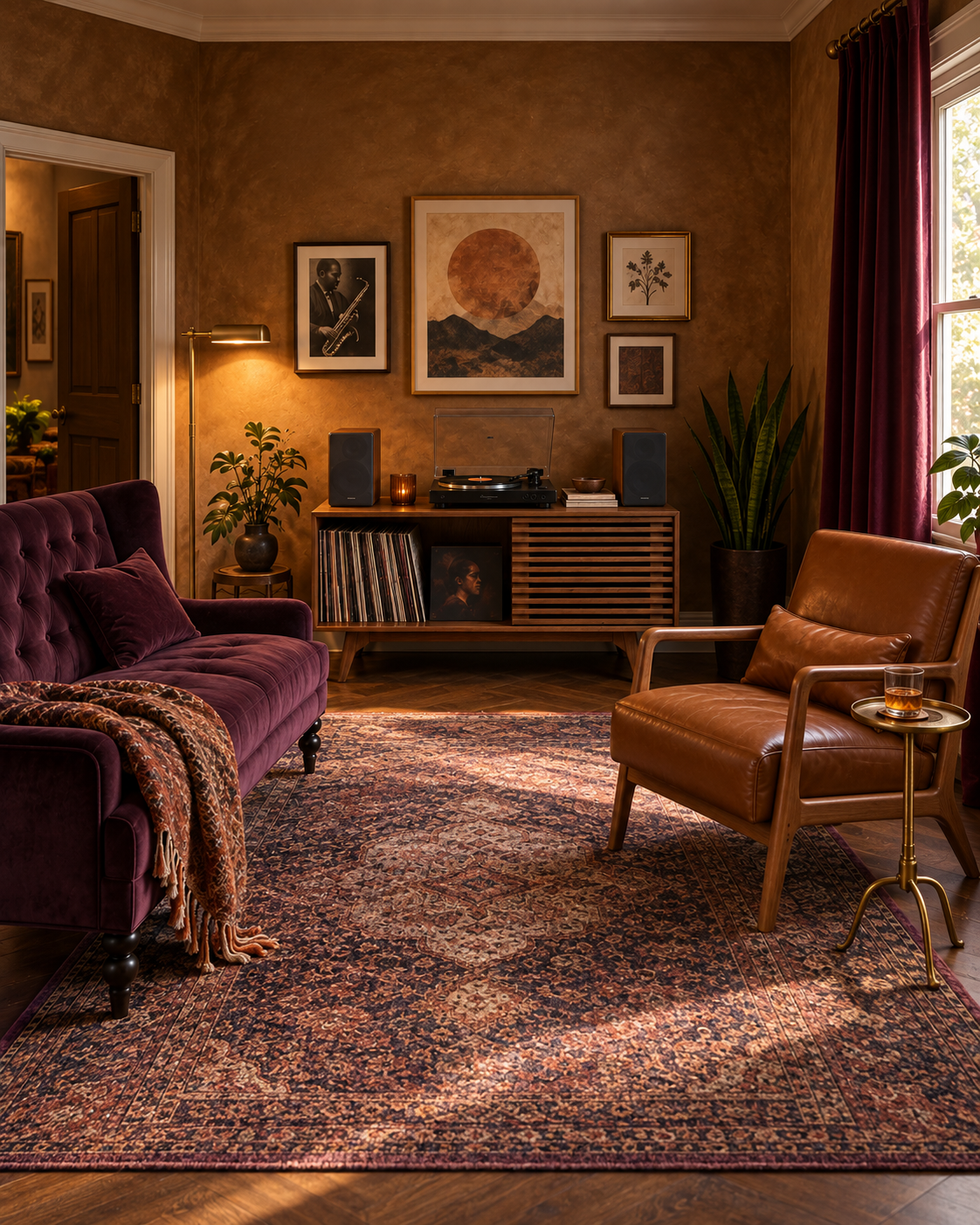 Warm collected bronze music room with conversational seating