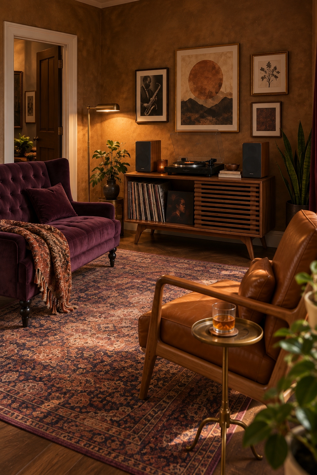 Alternate angle across plum loveseat and cognac chair toward walnut record console