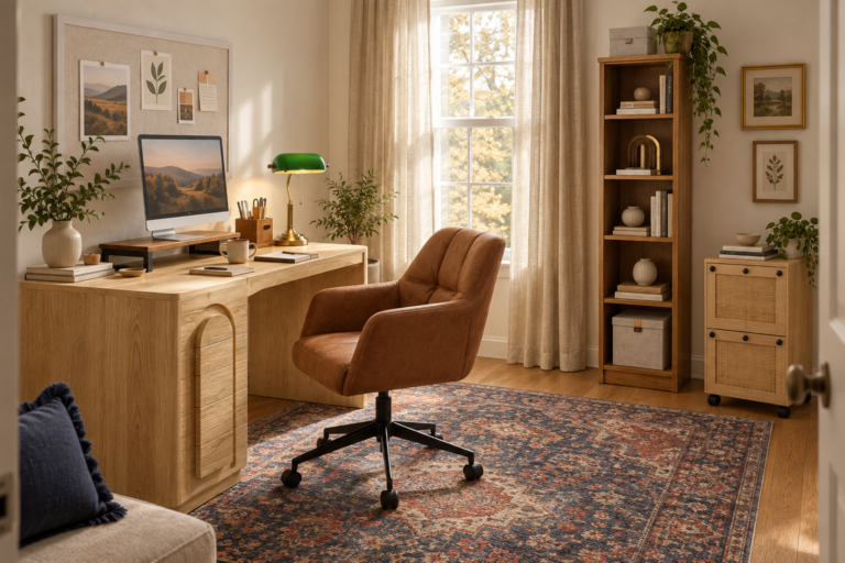Warm oak home office with arched-detail desk, brown leather chair, indigo rug, and green banker lamp