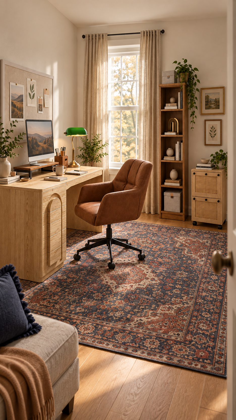 Vertical warm oak study with desk, leather chair, tall bookcase, and indigo rug