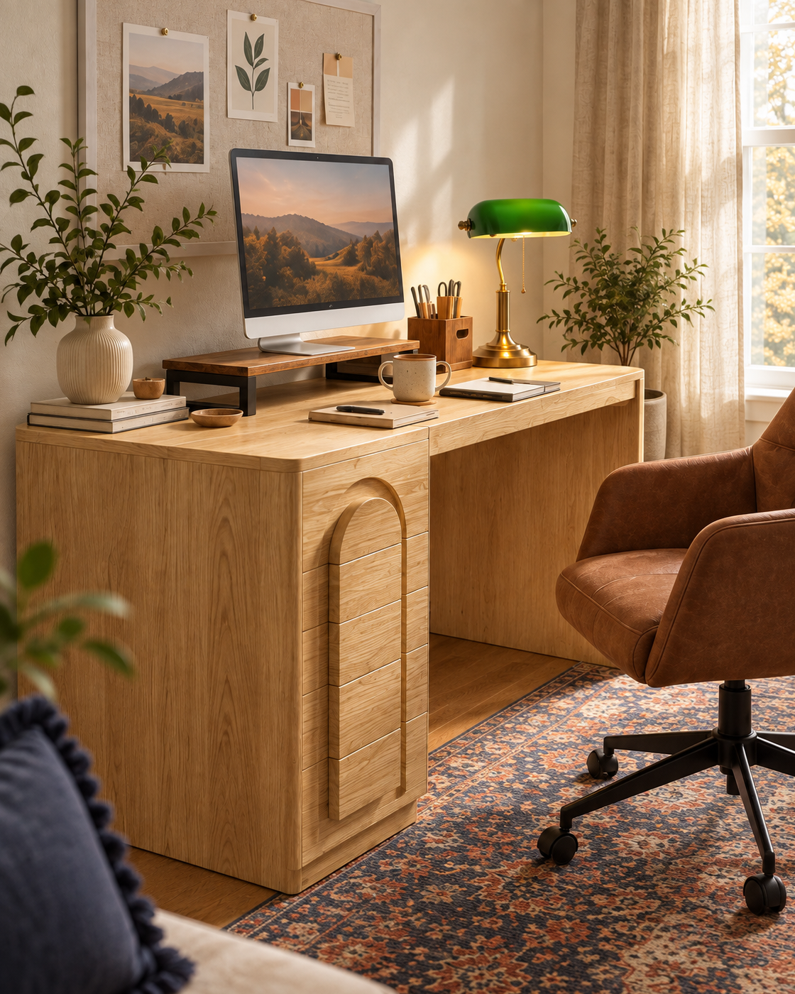 Natural oak arched-detail desk with monitor riser and green banker lamp