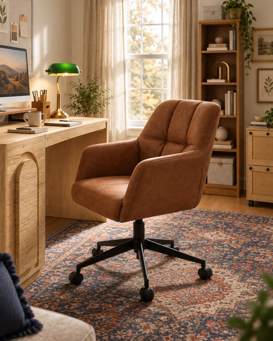 Brown leather rolling task chair on a faded indigo office rug