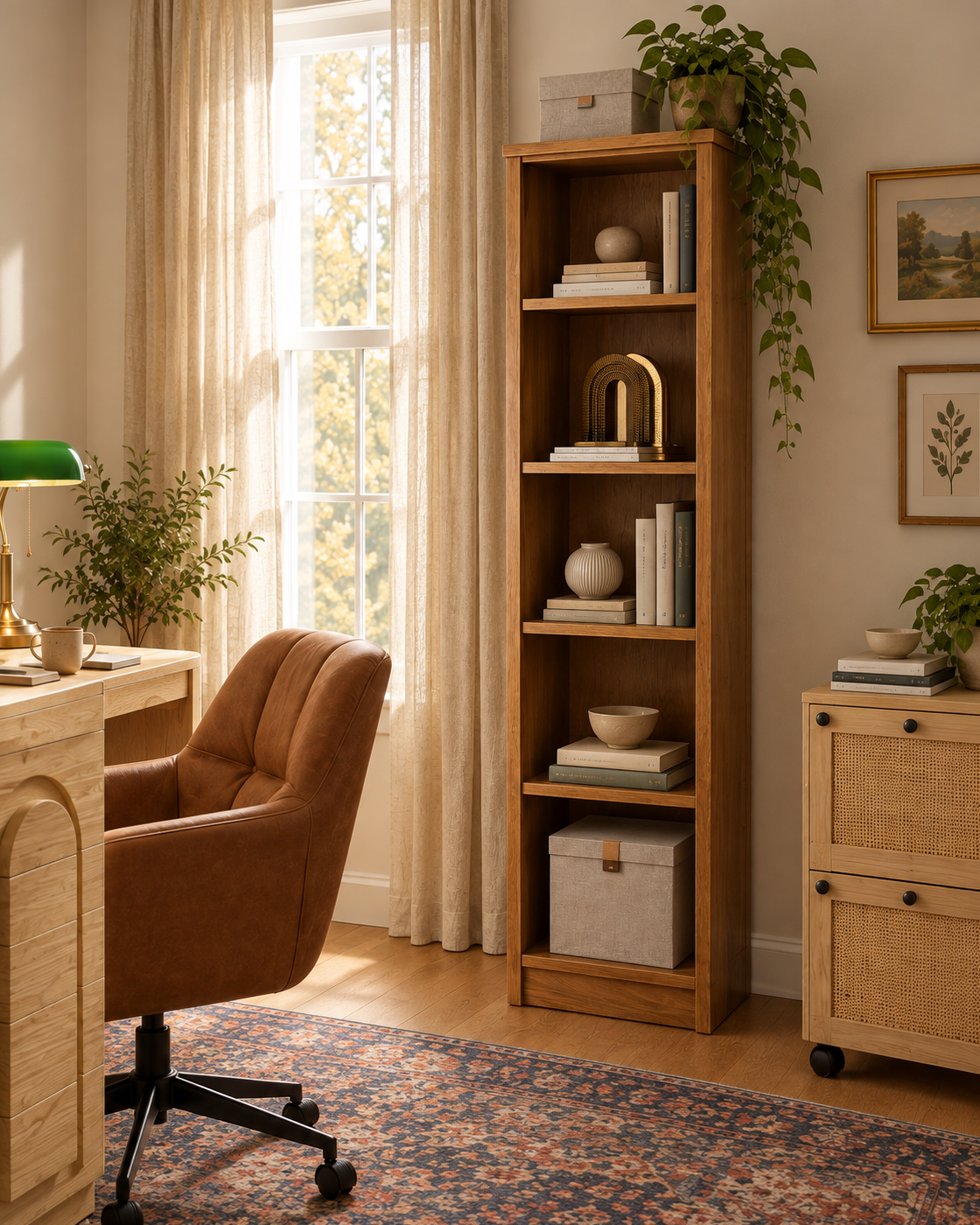 Narrow vintage oak bookcase styled with books, brass bookends, and linen storage box