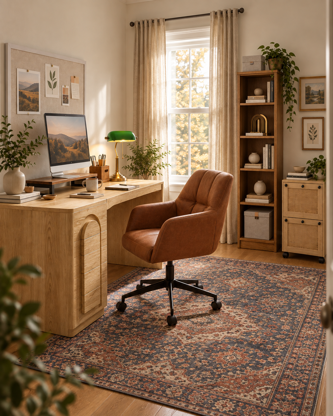Collected affordable home office in oak, tobacco leather, flax, and indigo
