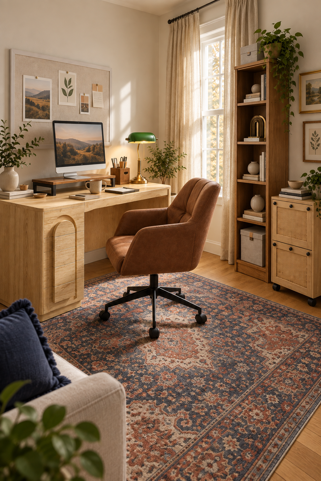 Alternate view across the indigo rug toward the warm oak desk and bookcase